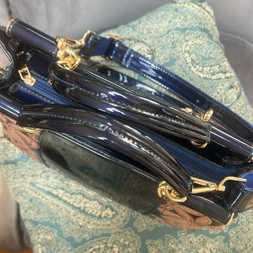 Like new—Patent Navy and Gold Sequin  Handbag w/removable, adjustable strap